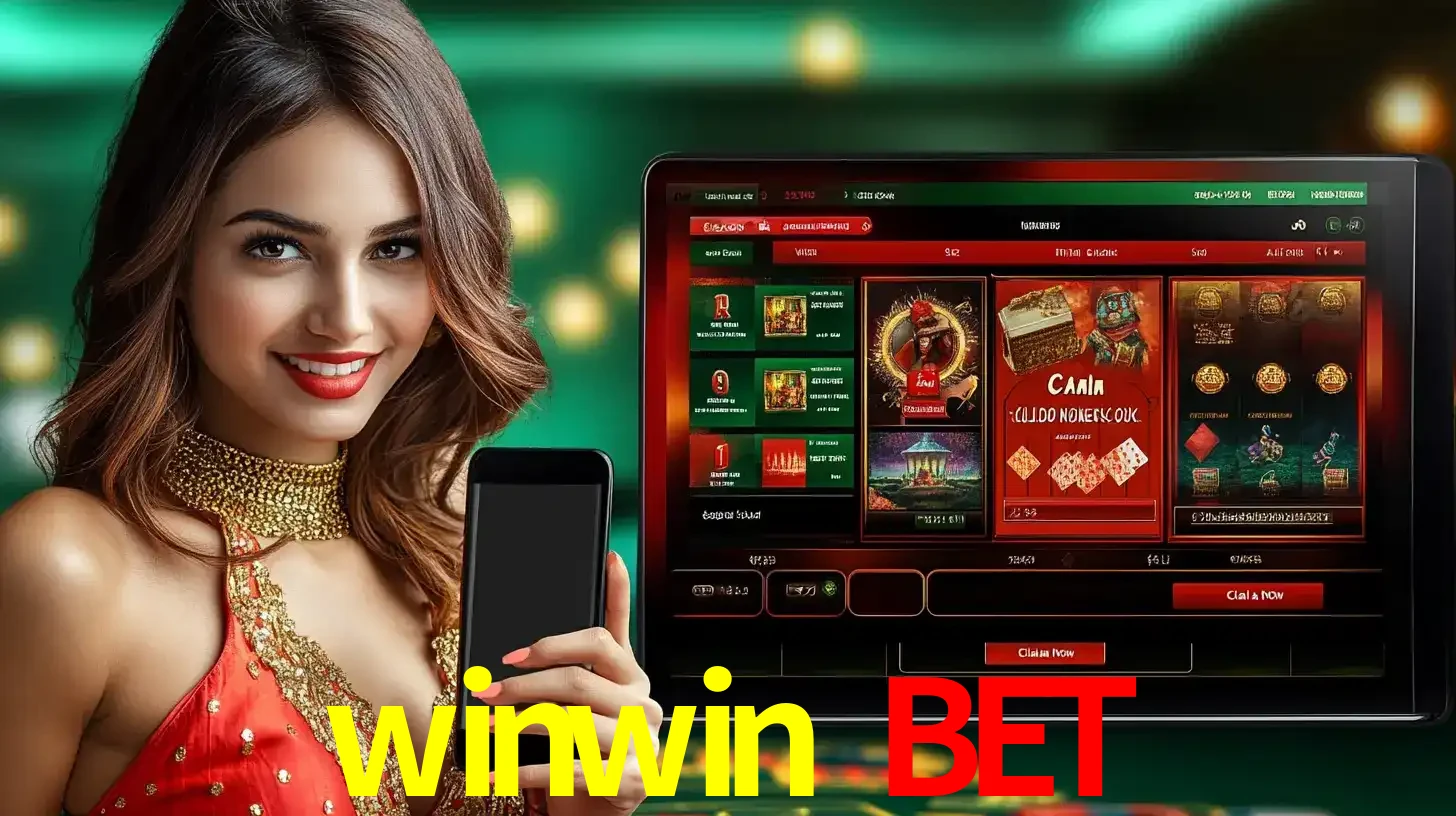 Mulher sorridente segurando um smartphone, ao lado de uma tela exibindo o lobby de jogos do cassino online winwin bet, com várias opções de jogos de cartas e slots.